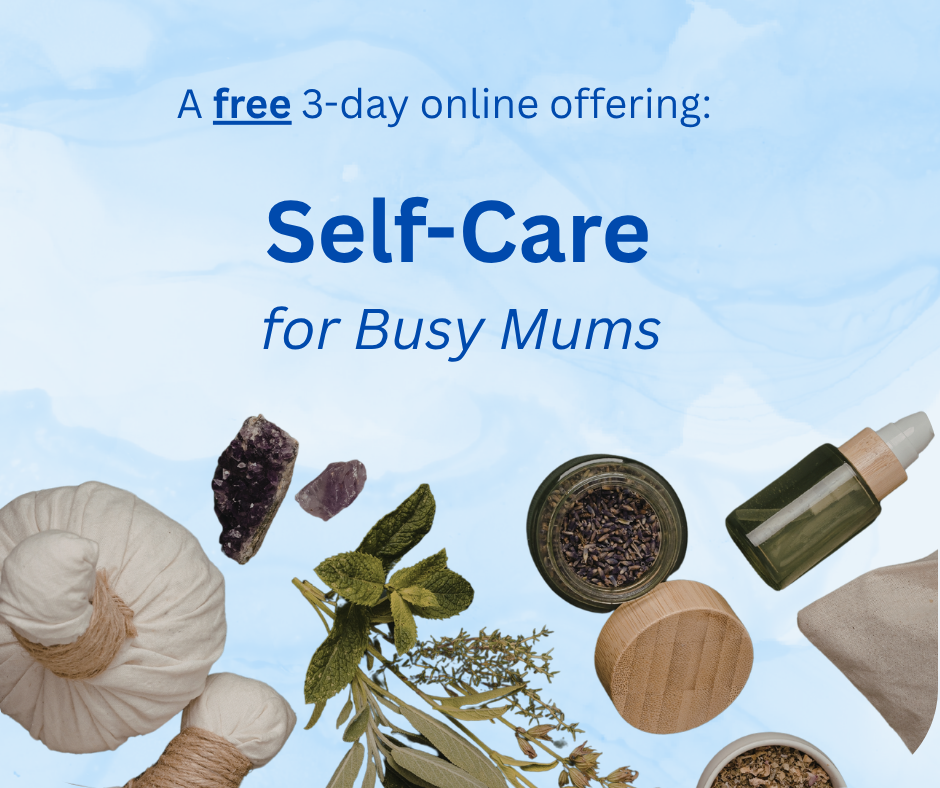 Holistic health self-care items like dried herbs, remedies, crystals, against a watercolour blue background